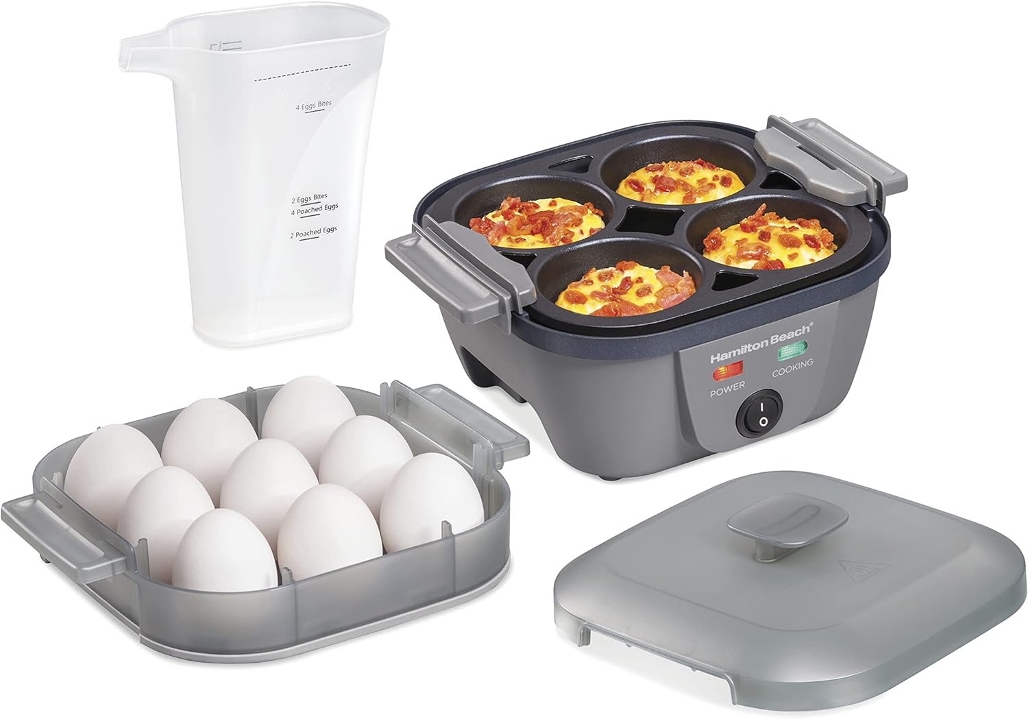 Hamilton Beach 6-in-1 Electric Egg Cooker for Hard Boiled Eggs, Sous Vide Style Egg Bite Maker and Poacher, 5.25” Non-Stick Skillet for Omelets, Scrambling  Frying, Grey (25510)