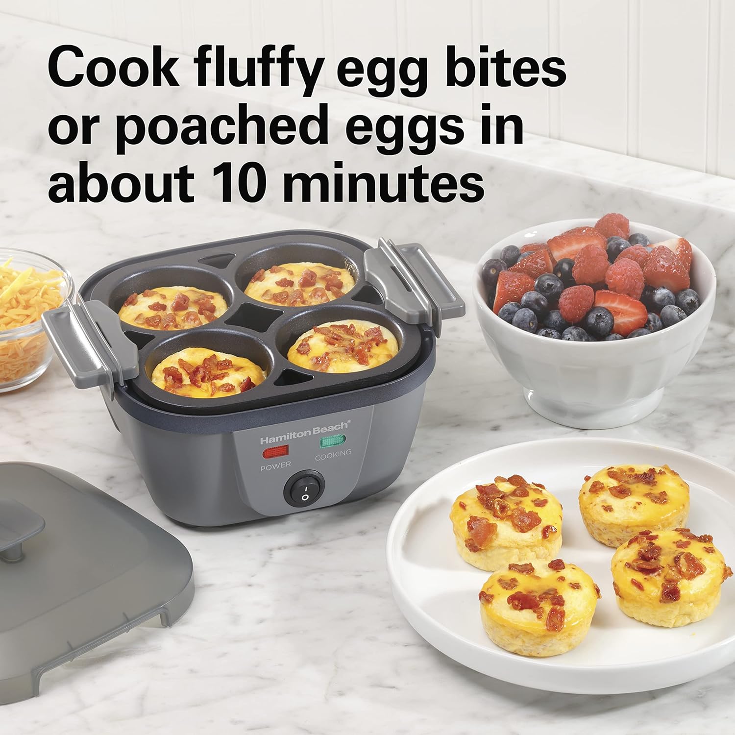 Hamilton Beach 6-in-1 Electric Egg Cooker for Hard Boiled Eggs, Sous Vide Style Egg Bite Maker and Poacher, 5.25” Non-Stick Skillet for Omelets, Scrambling  Frying, Grey (25510)