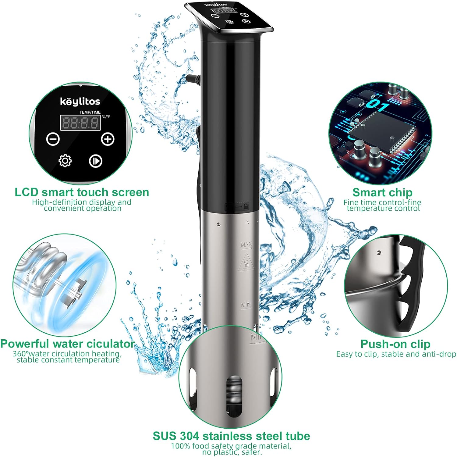 Keylitos Sous Vide Cooker Machine 1100W, IPX7 Waterproof Sous Vide Precision Cooker, Ultra-quiet Fast-Heating Immersion Circulator Precise Cooker with Accurate Temperature and Timer Control