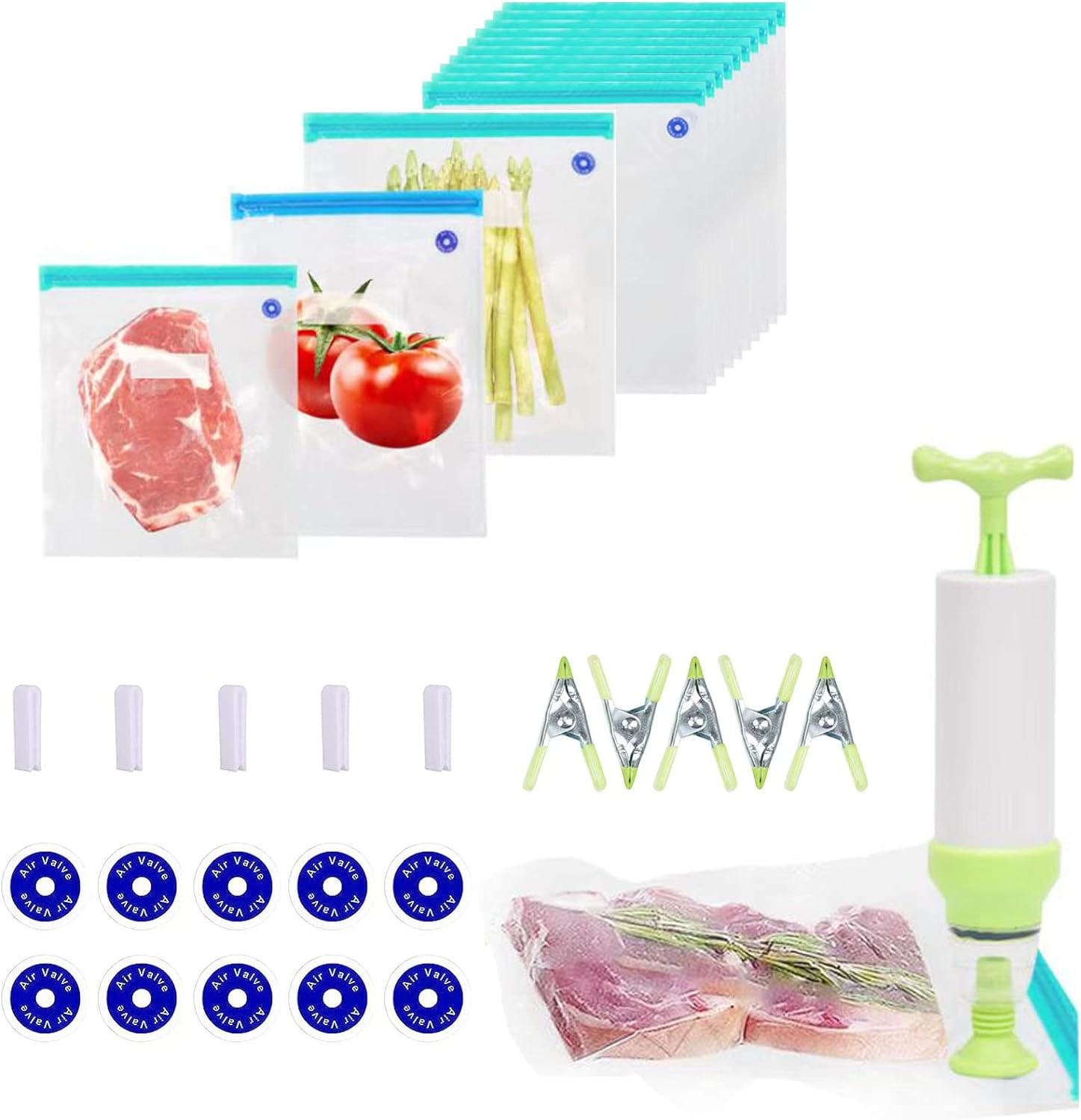 Sous Vide Bags-30 PCS Reusable Vacuum Seal Bags for Food with Portable Handheld Vacuum Sealer and Sealing Clips for Food Storage and Sous Vide Cooking, Sous Vide Kit Sealing Bags Kit (51pack)