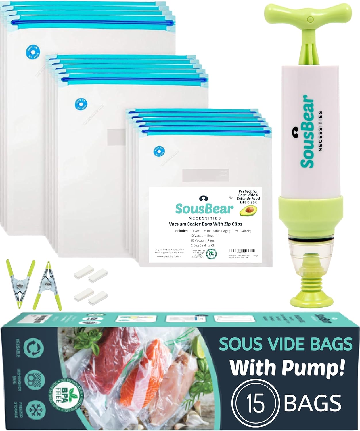 SousBear Sous Vide Bags with Pump 20pack Pint,Quart,Gallon Reusable Vacuum Food Storage Bags, Freezer Safe, Commercial Grade, Heavy Duty, BPA Free, Great for vac storage, or sous vide