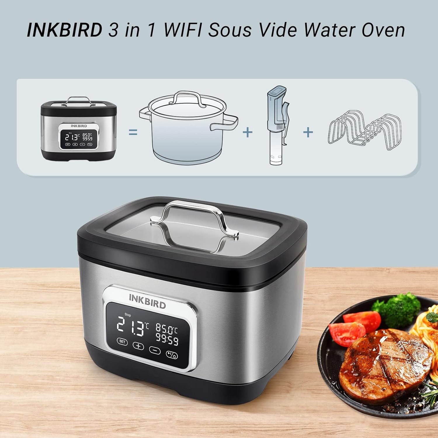 Inkbird 700W 3 in 1 Wifi Sous Vide Water Oven with Rack Divider| Preset 3D Electromagnetic Water Circulation Rapid Heating with App Preset Recipes,Wifi Control  Timer, 8L Capacity