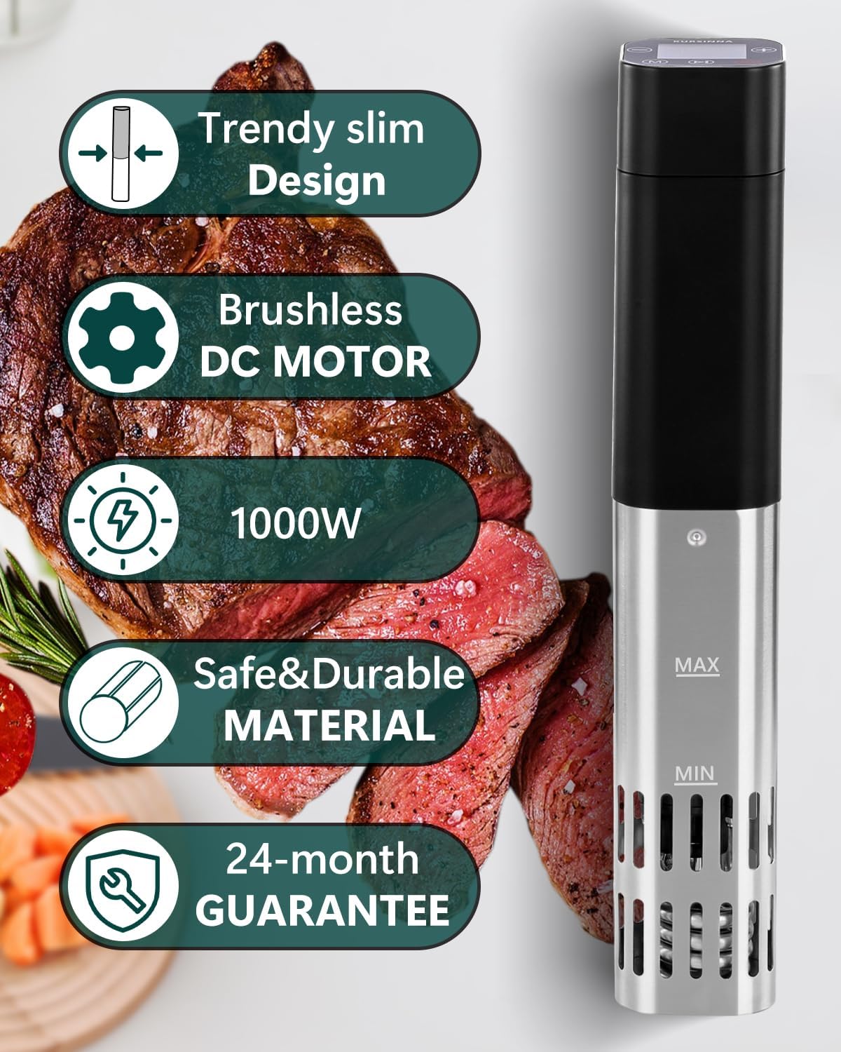 KURSINNA Sous Vide Machine, 1000W Sous Vide Cooker, 15dB Ultra-Quiet Immersion Circulator With Accurate Temperature Digital Timer, IPX7 Waterproof Precision Cooker (Sous-Vide Cooker)