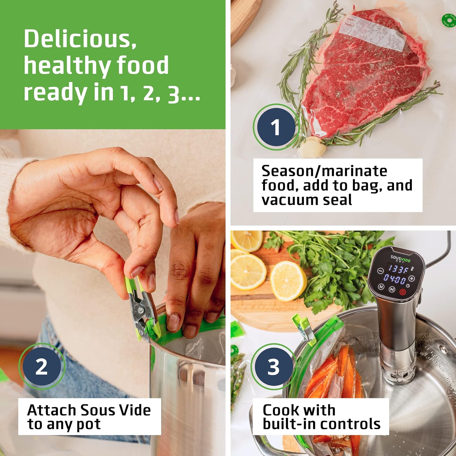 SOUSVIDE ART Sous Vide Cooker Kit (Deluxe) - Sous Vide Machine Immersion Cookers Circulator, 30 Vacuum Seal Bags, Vacuum Pump, Digital Timer, Temp Control, Suvee Cooker Gift for Chefs